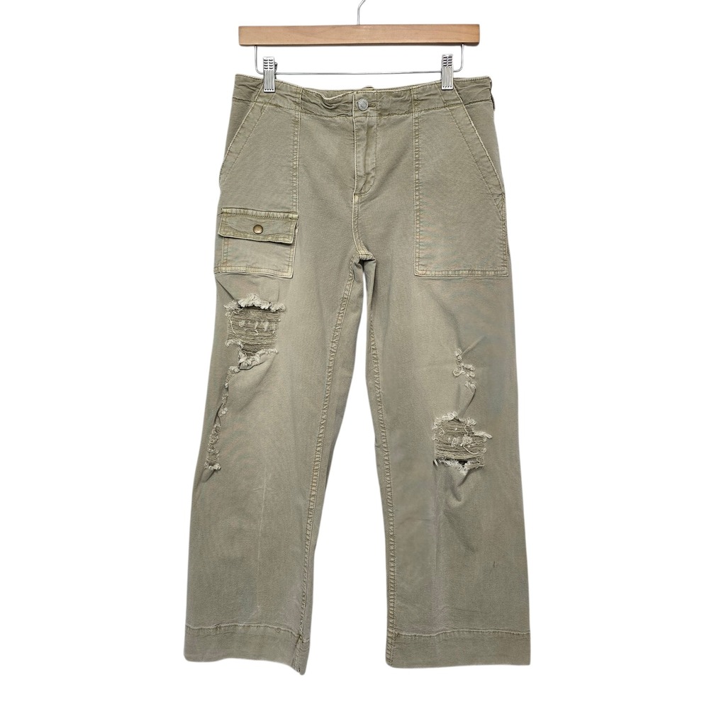 PILCRO Cropped Cargo Pants Khaki Distressed Pockets Wide Leg Womens Size 29
